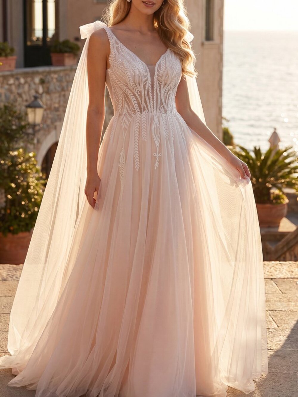 NUDE COLOR WEDDING DRESS. EMBROIDERED BODICE WEDDING GOWN. REHERSAL RECEPTION